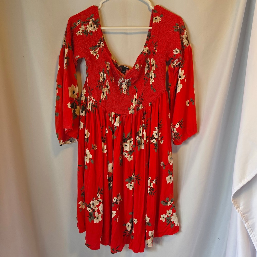 Torrid Floral Smocked Mini Dress 1x Red Boho Cottagecore Summer Festival Flowy